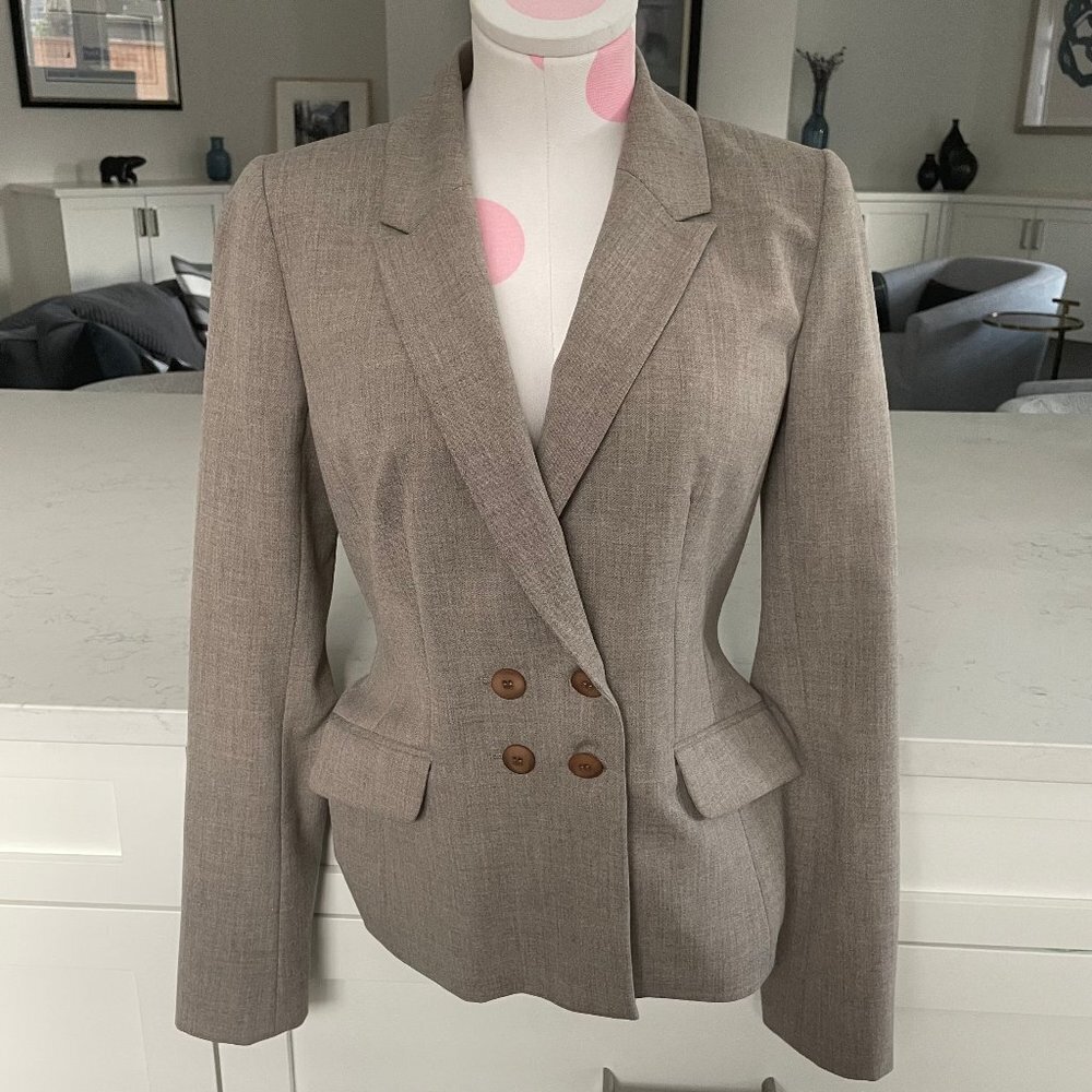 classiques entier Double Breasted Notch Collar Poly Blend Lined Jacket Tan Sz 4
